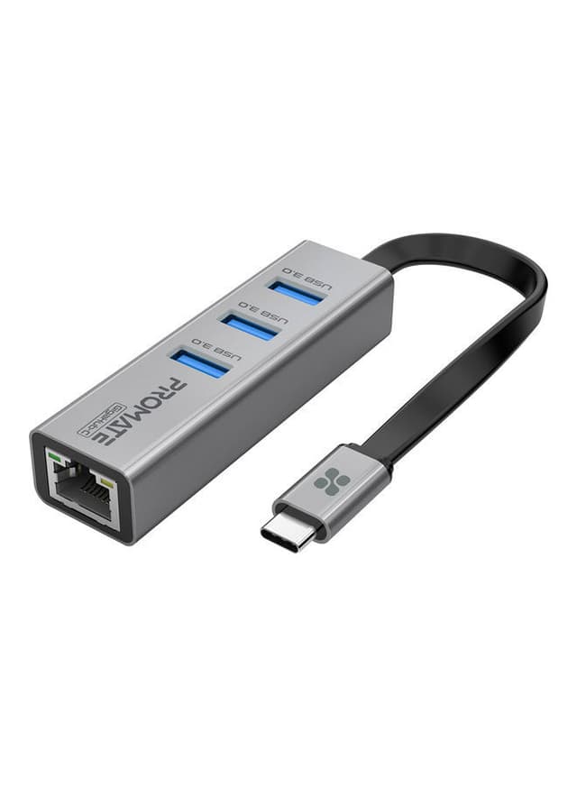 promate Multiport USB-C To 1000Mbps RJ45 Network Adapter And Ultra-Fast 3 USB Ports With 5 Gbps Data Transfer Speed Hub For Apple MacBook Pro/Air/iMac/iPad Pro/Surface/XPS/GigaHub-C Black