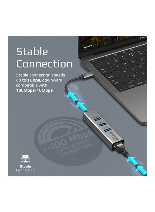 promate Multiport USB-C To 1000Mbps RJ45 Network Adapter And Ultra-Fast 3 USB Ports With 5 Gbps Data Transfer Speed Hub For Apple MacBook Pro/Air/iMac/iPad Pro/Surface/XPS/GigaHub-C Black