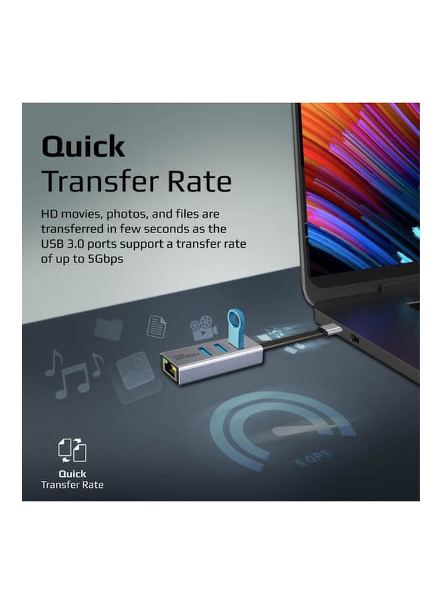promate Multiport USB-C To 1000Mbps RJ45 Network Adapter And Ultra-Fast 3 USB Ports With 5 Gbps Data Transfer Speed Hub For Apple MacBook Pro/Air/iMac/iPad Pro/Surface/XPS/GigaHub-C Black