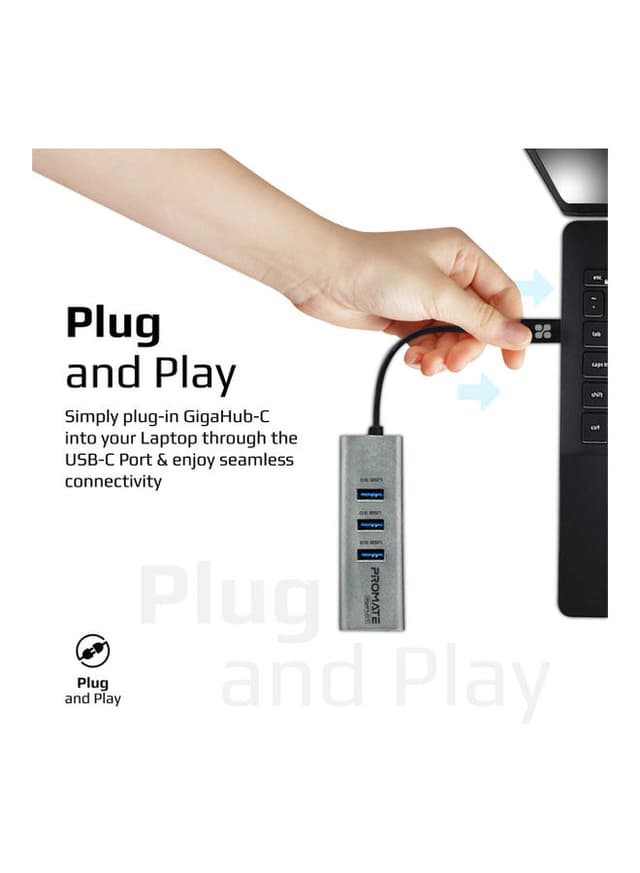 promate Multiport USB-C To 1000Mbps RJ45 Network Adapter And Ultra-Fast 3 USB Ports With 5 Gbps Data Transfer Speed Hub For Apple MacBook Pro/Air/iMac/iPad Pro/Surface/XPS/GigaHub-C Black