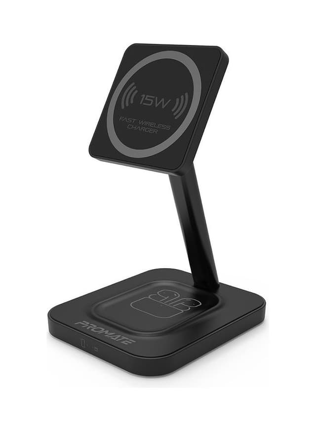 شاحن لاسلكي 15W أسود 2in1 Mag-Safe Fast Wireless Charger - promate