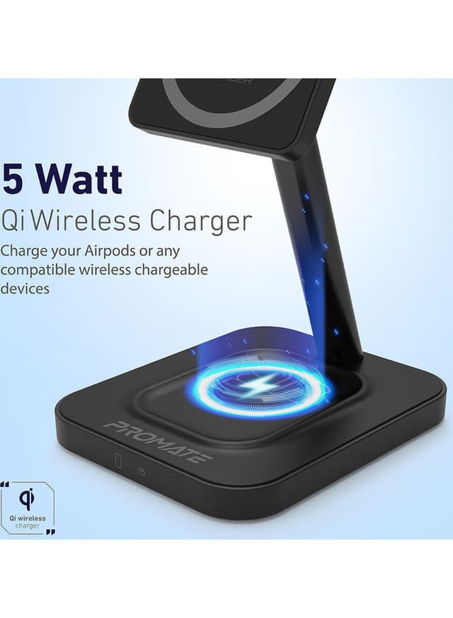 شاحن لاسلكي 15W أسود 2in1 Mag-Safe Fast Wireless Charger - promate