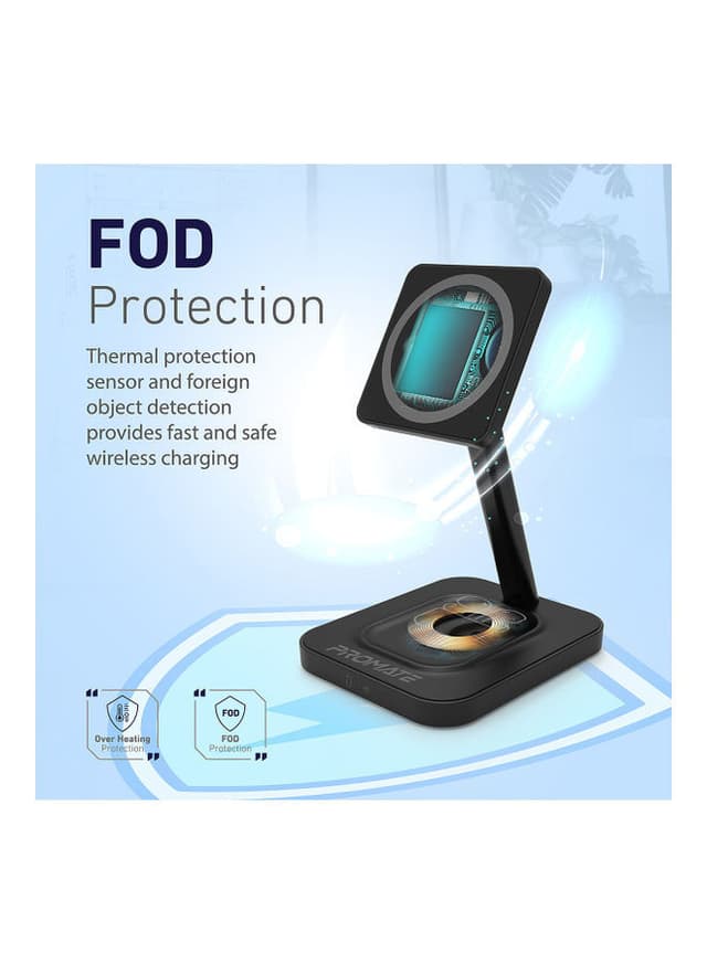شاحن لاسلكي 15W أسود 2in1 Mag-Safe Fast Wireless Charger - promate
