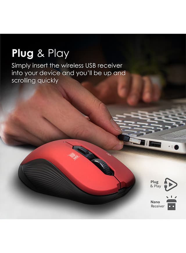 promate 2.4G Portable Optical Tracking Mouse with Mini USB Receiver, 800/1200/1600 DPI Switch, 10m Working Range and 6 Programmable Buttons Red - 201221