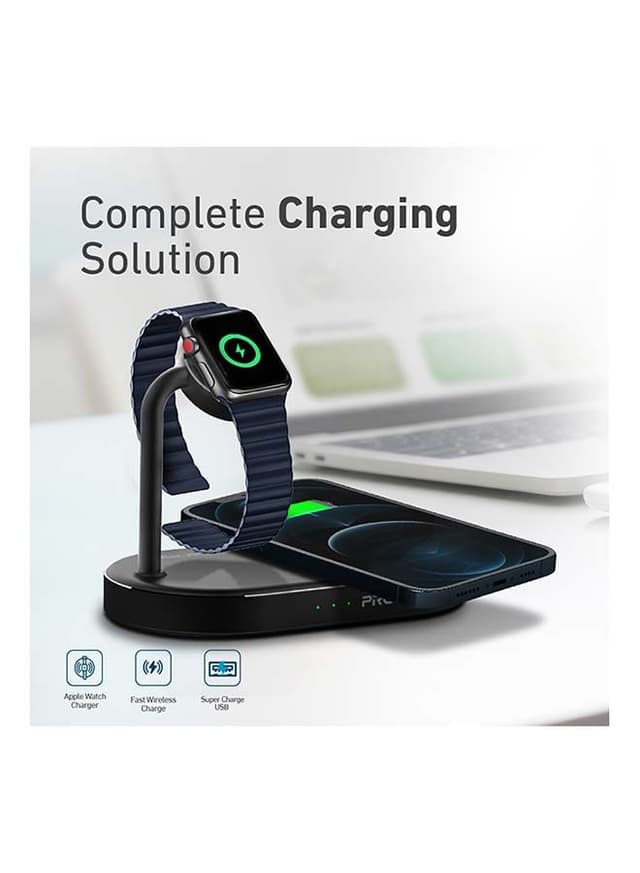 شاحن لاسلكي مكتبي سريع 3 في 1 لهواتف آبل أسود | promate Ultra-Fast 15W Qi-certified Desk Charging Dock
