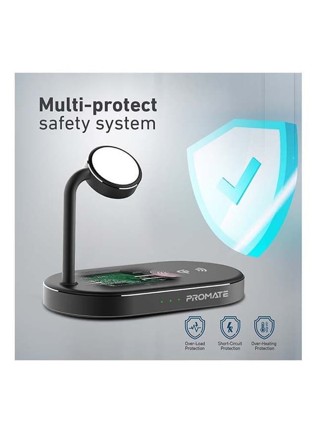 شاحن لاسلكي مكتبي سريع 3 في 1 لهواتف آبل أسود | promate Ultra-Fast 15W Qi-certified Desk Charging Dock
