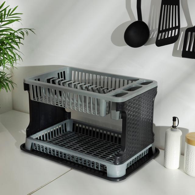 Royalford 2 Layer Rattan Dish Drainer, Plastic Drainer, RF10117 - 2-Tier Plastic Dish Drainer Rack For Kitchen Counter With Removable Drain Board For Home Kitchen Counter Top Organizer - SW1hZ2U6NDM5OTY1
