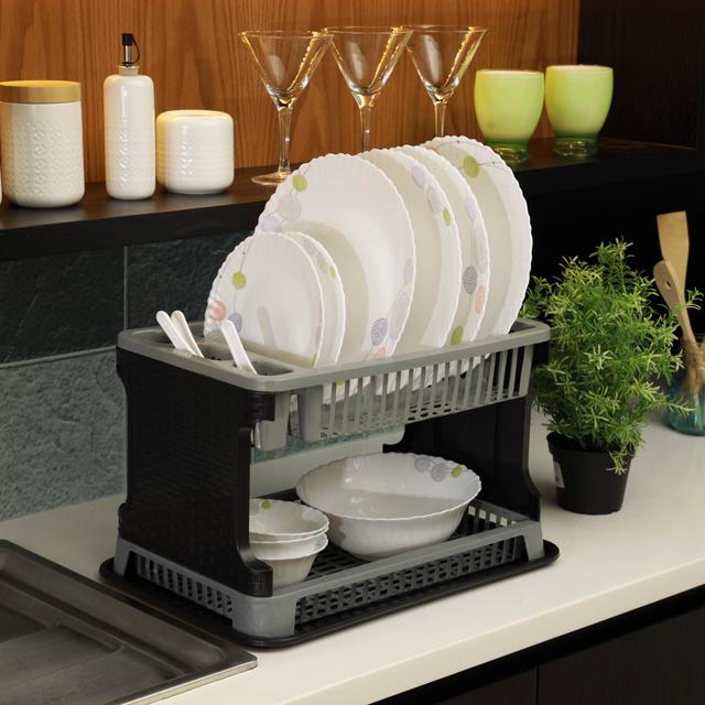 Royalford 2 Layer Rattan Dish Drainer, Plastic Drainer, RF10117 - 2-Tier Plastic Dish Drainer Rack For Kitchen Counter With Removable Drain Board For Home Kitchen Counter Top Organizer - SW1hZ2U6NDM5OTY3