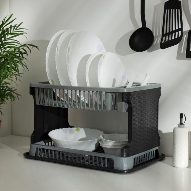 Royalford 2 Layer Rattan Dish Drainer, Plastic Drainer, RF10117 - 2-Tier Plastic Dish Drainer Rack For Kitchen Counter With Removable Drain Board For Home Kitchen Counter Top Organizer - SW1hZ2U6NDM5OTY5