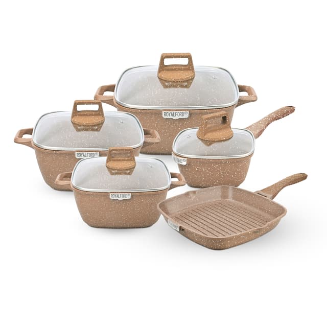 Royalford Deluxe Die-Cast Cookware Set, 9 Pcs, RF10291 | Durable Granite Coating | Tempered Glass Lid | Heavy-Duty Bakelite Handles | Compatible with Induction, Hot Plate, Halogen, Ceramic, Gas - 304040