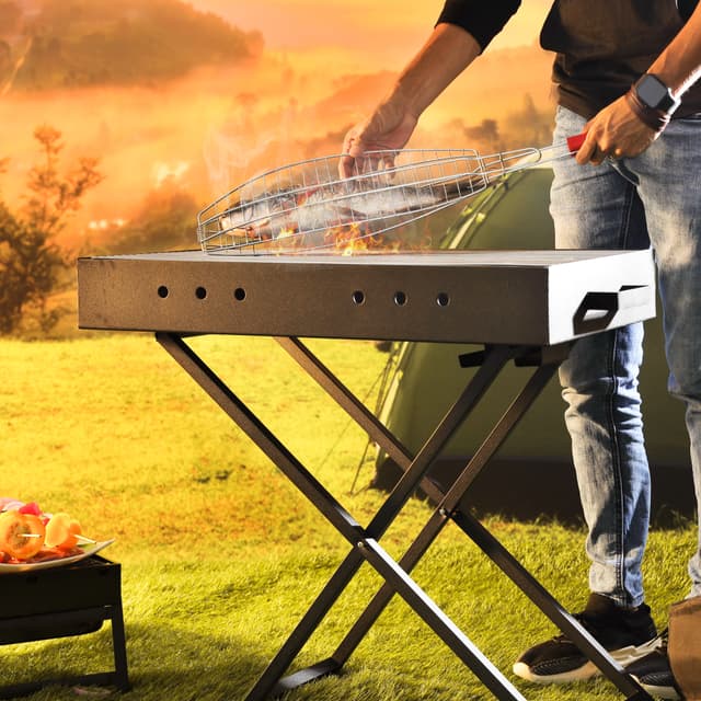 Royalford Barbeque Stand with Grill Durable Iron Construction, RF10367 - Foldable Barbecue Charcoal Grill, Folding Tabletop Kabab Smoker Grill for Outdoor Camping - 191990