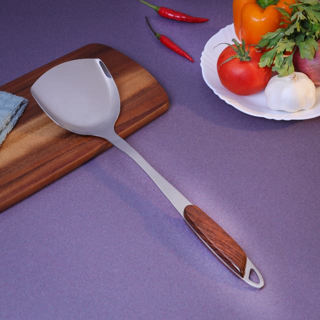 Royalford Stainless Steel Turner with Wooden polymer handle | RF9774 | Long Handle | With Hanging Hoop | Dishwasher Safe | Ideal for Food Lifting and Serving Tasks | For Home and Restaurant Cooking - 191404