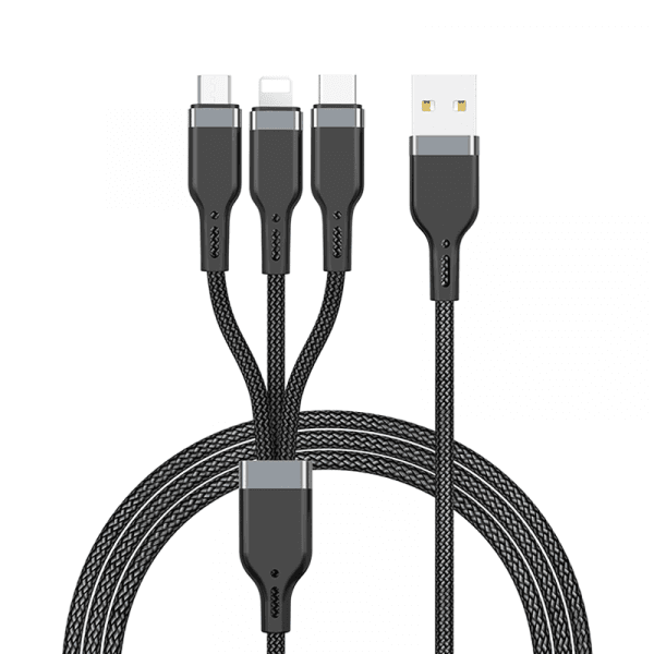 وصلة شاحن (كيبل شحن) بمنفذ USB-A إلى منفذ متعدد Type-C و Lightning و USB-micro بطول 1.2 متر أسود WIWU - PT05 PLATINUM CABLE 3 IN 1 USB TO LIGHTNING, MICRO AND TYPE-C 1.2M- BLACK