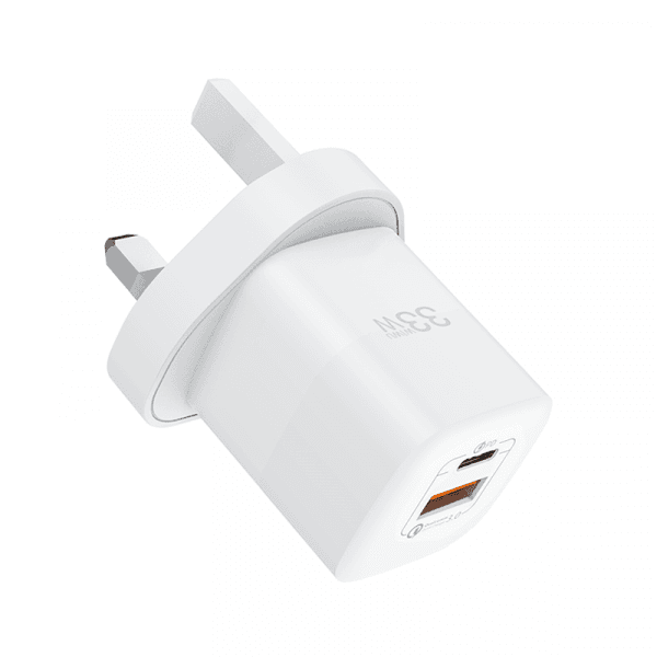شاحن جوال (مقبس شاحن) 33 واط - أبيض WIWU GAN FAST CHARGER UK USB-C + QC3.0 POWER ADAPTER