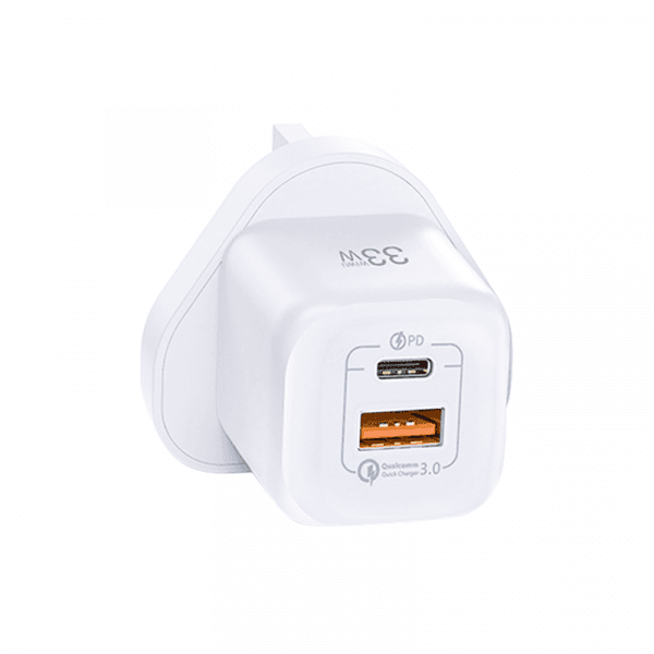 شاحن جوال (مقبس شاحن) 33 واط - أبيض WIWU GAN FAST CHARGER UK USB-C + QC3.0 POWER ADAPTER