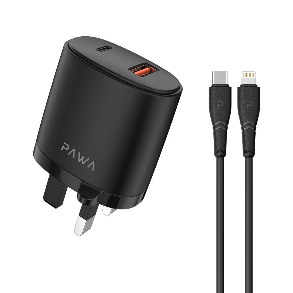 Pawa Dual Port Wall Charger PD + QC3.0 20W UK with Type-C to Lightning Cable - Black