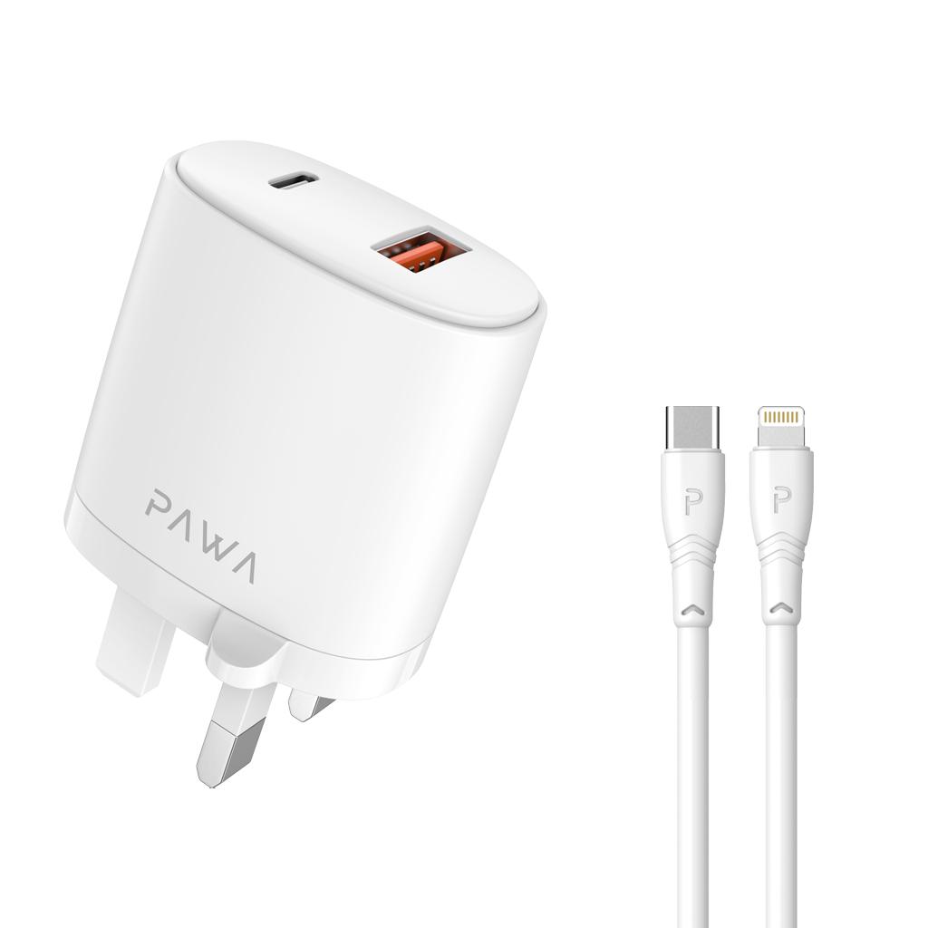 Pawa Dual Port Wall Charger PD + QC3.0 20W UK with Type-C to Lightning Cable - White