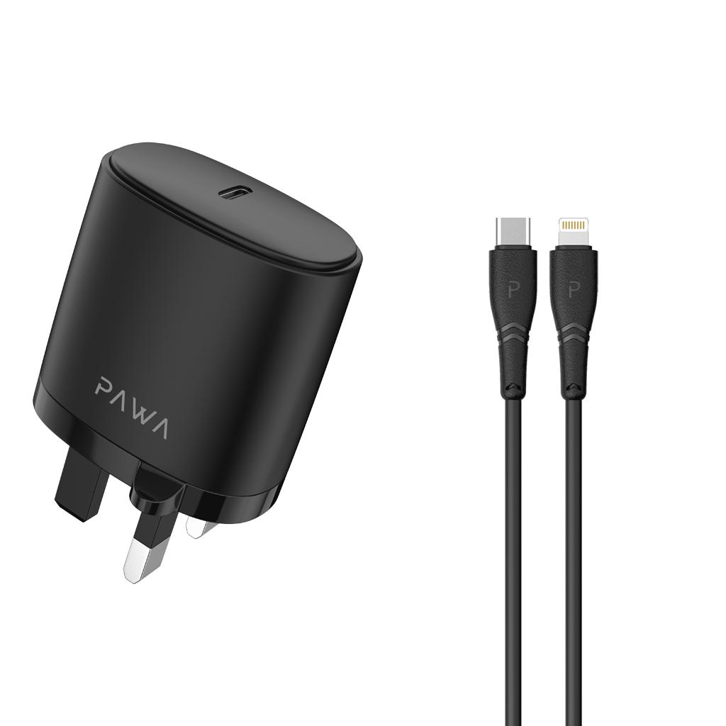 Pawa Single PD Wall Charger 20W UK with Type-C to Lightning Cable - Black