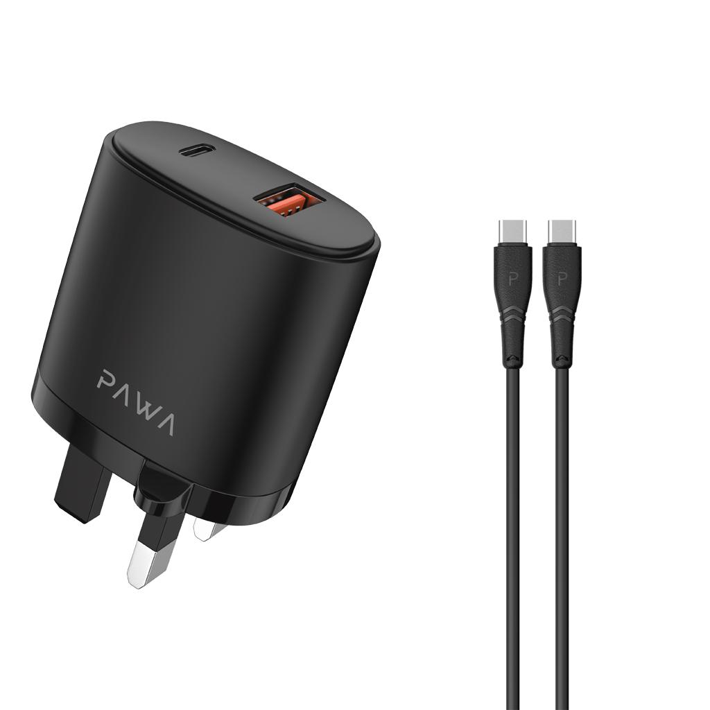 Pawa Dual Port Wall Charger PD + QC3.0 20W UK with Type-C to Type-C Cable - Black