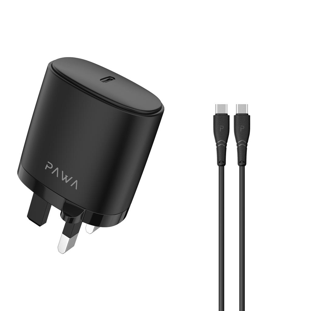 Pawa Single PD Wall Charger 20W UK with Type-C to Type-C Cable - Black