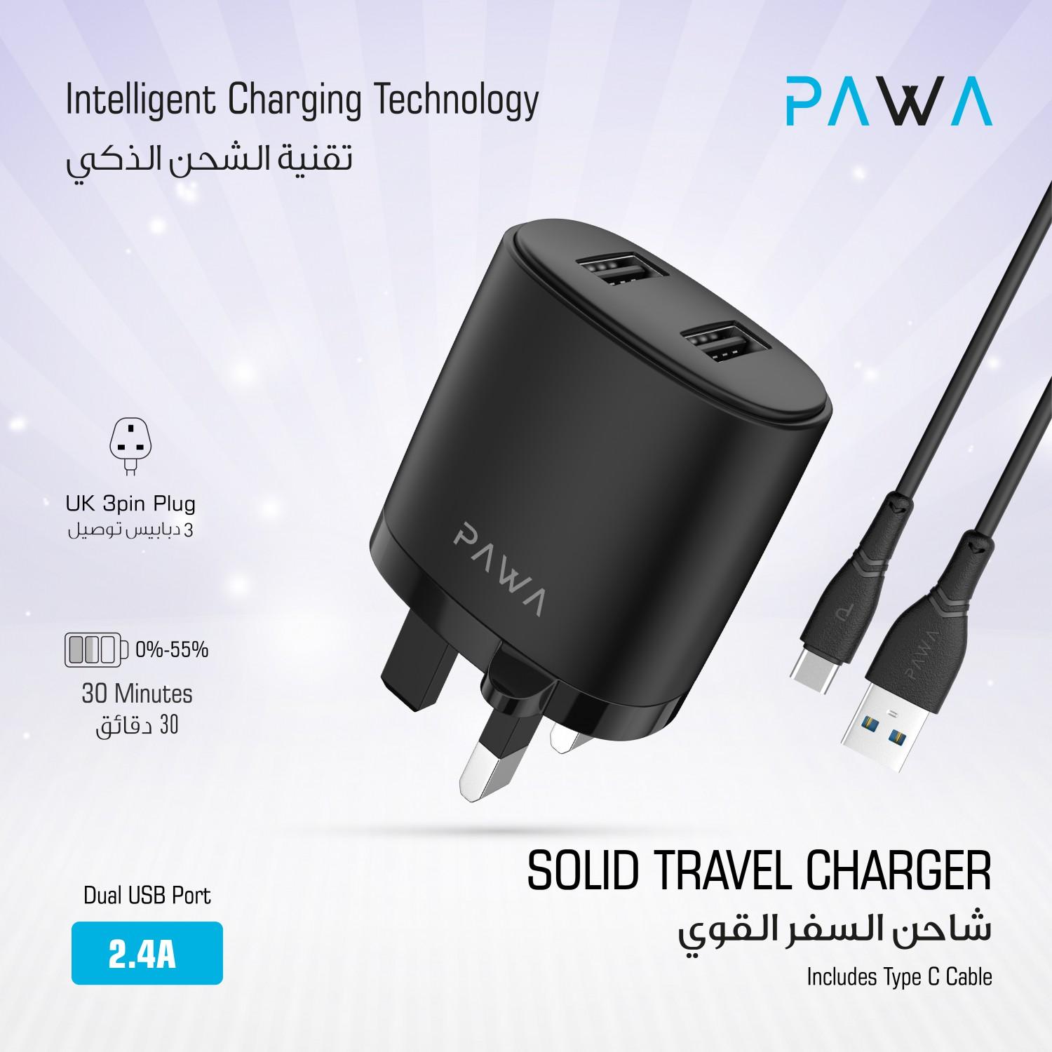 Pawa Dual USB Port Auto-ID Wall Charger 2.4A UK with Type-C Cable - Black