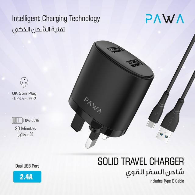 Pawa Dual USB Port Auto-ID Wall Charger 2.4A UK with Type-C Cable - Black - SW1hZ2U6NTI1NzM4