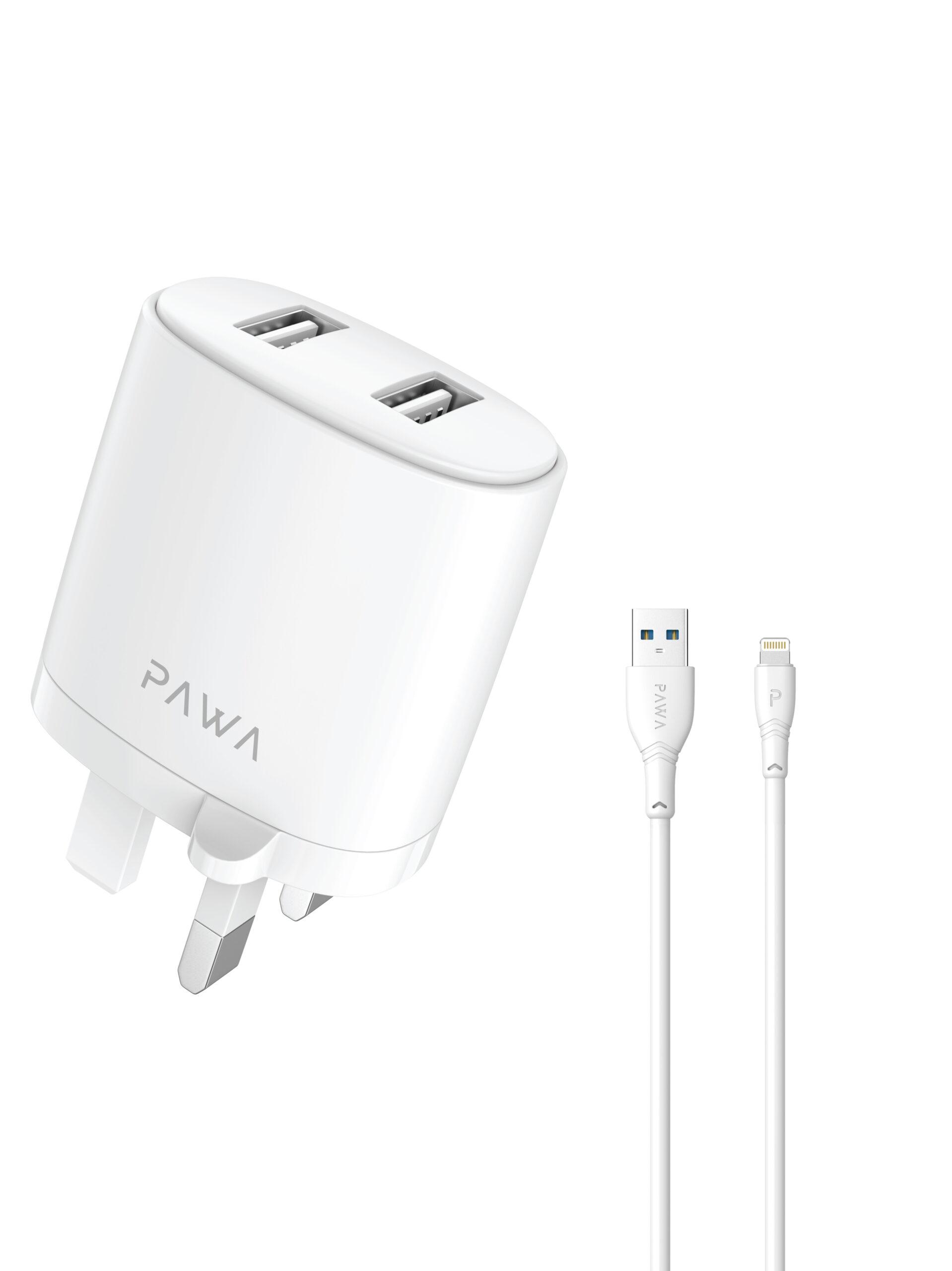 Pawa Dual USB Port Auto-ID Wall Charger 2.4A UK with Lightning Cable - White
