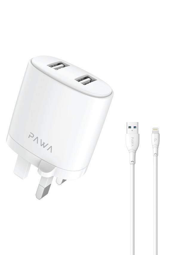 Pawa Dual USB Port Auto-ID Wall Charger 2.4A UK with Lightning Cable - White - SW1hZ2U6NTI1NzYw