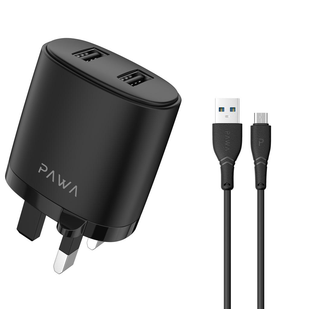 Pawa Dual USB Port Auto-ID Wall Charger 2.4A UK with Micro USB Cable - Black