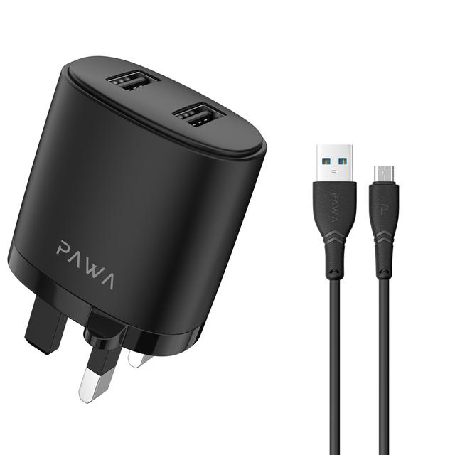 Pawa Dual USB Port Auto-ID Wall Charger 2.4A UK with Micro USB Cable - Black - SW1hZ2U6NTI1Nzcx