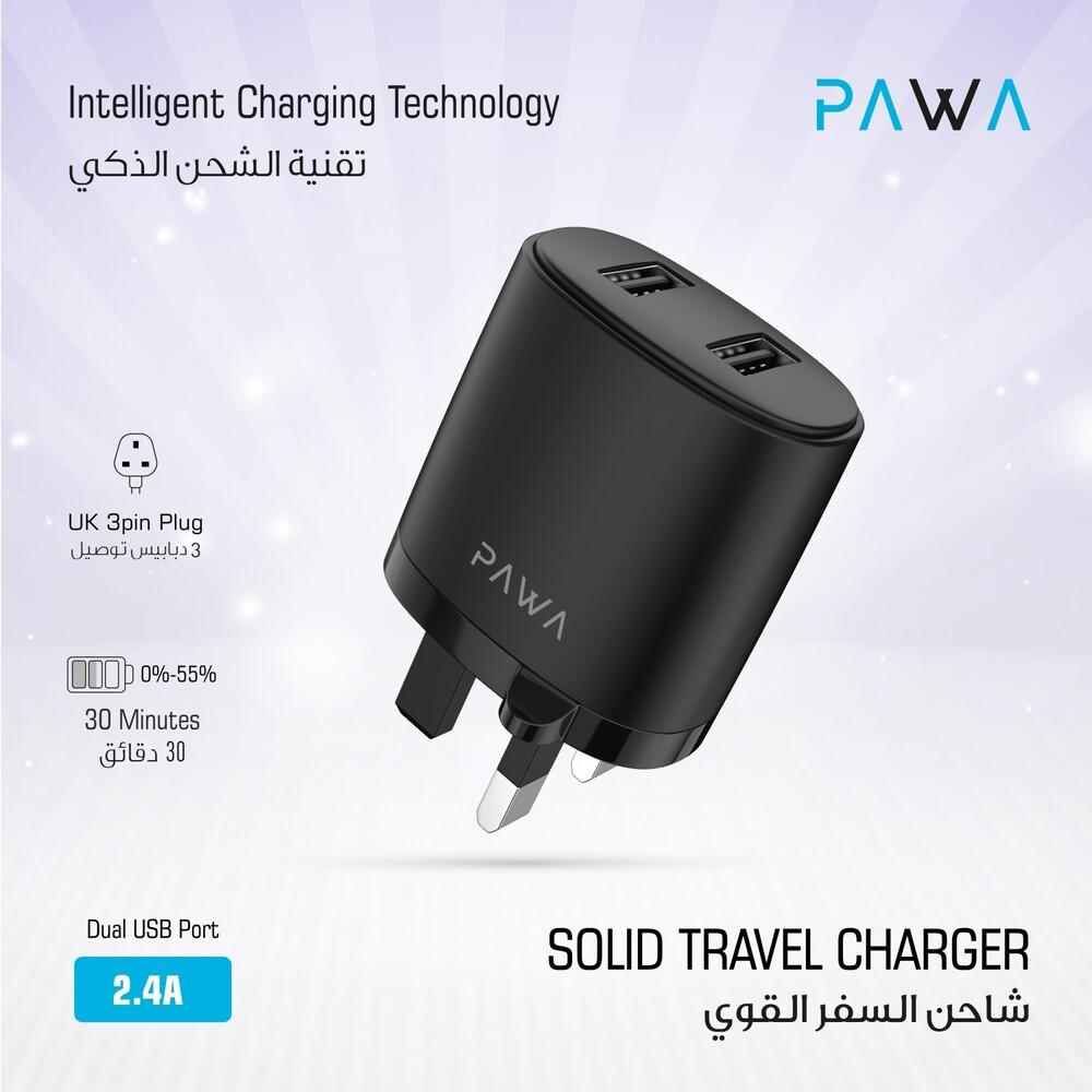 Pawa Dual USB Port Auto-ID Wall Charger 2.4A UK - Black