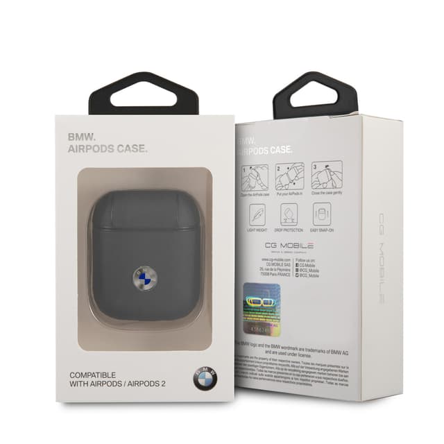 كفر ايربودز ( كفر سماعة ) - كحلي BMW - Signature Collection PC Genuine Leather Case with Metal Logo Silver for Airpods