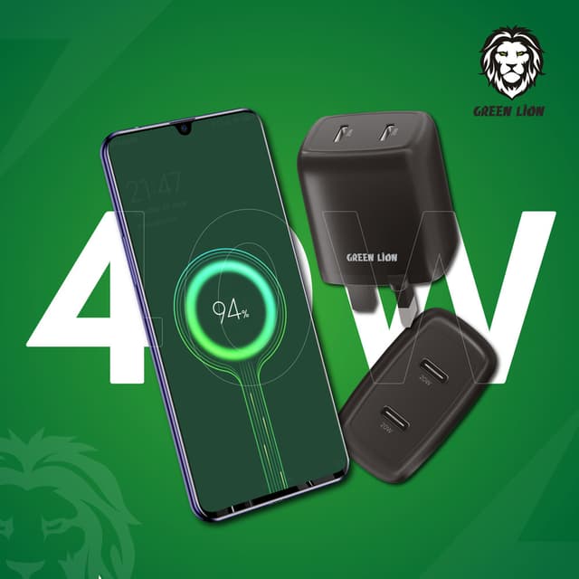 شاحن جداري ( 40W ) - اسود  Green - Dual Port USB-C Wall Charger