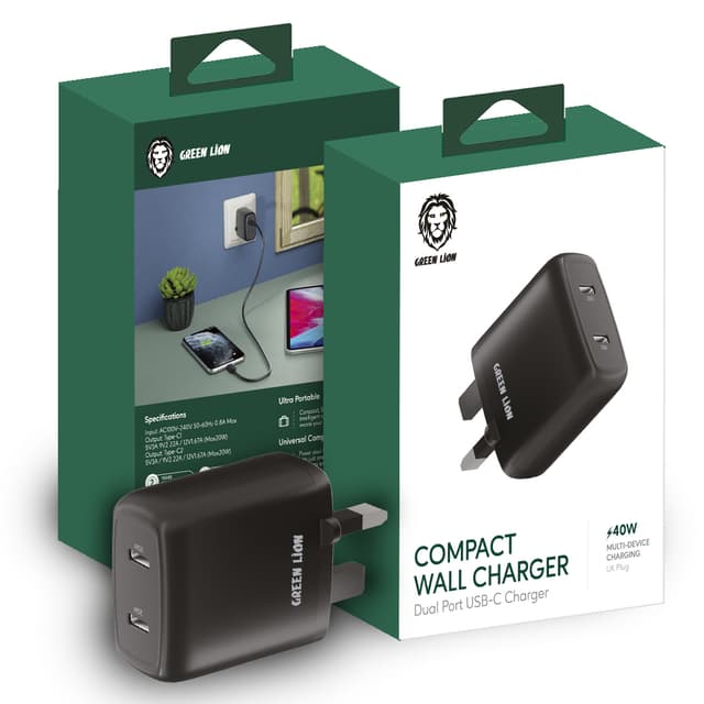 شاحن جداري ( 40W ) - اسود  Green - Dual Port USB-C Wall Charger
