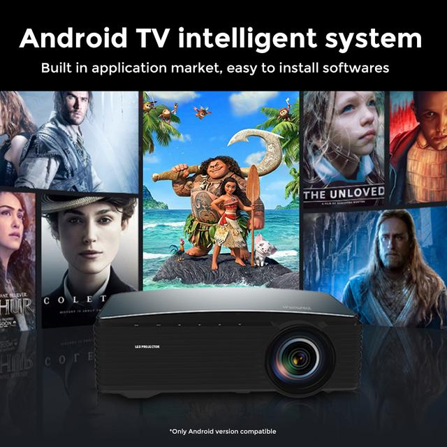 Wownect Android 9.0 Projector 4K LED [Screen Up to 200''] Screen Mirroring 1080p with 550 ANSI Lumens Compatible with TV Stick, Set Top Box, HDMI, USB, Laptop, Gaming -Black - SW1hZ2U6NTE4NjY4