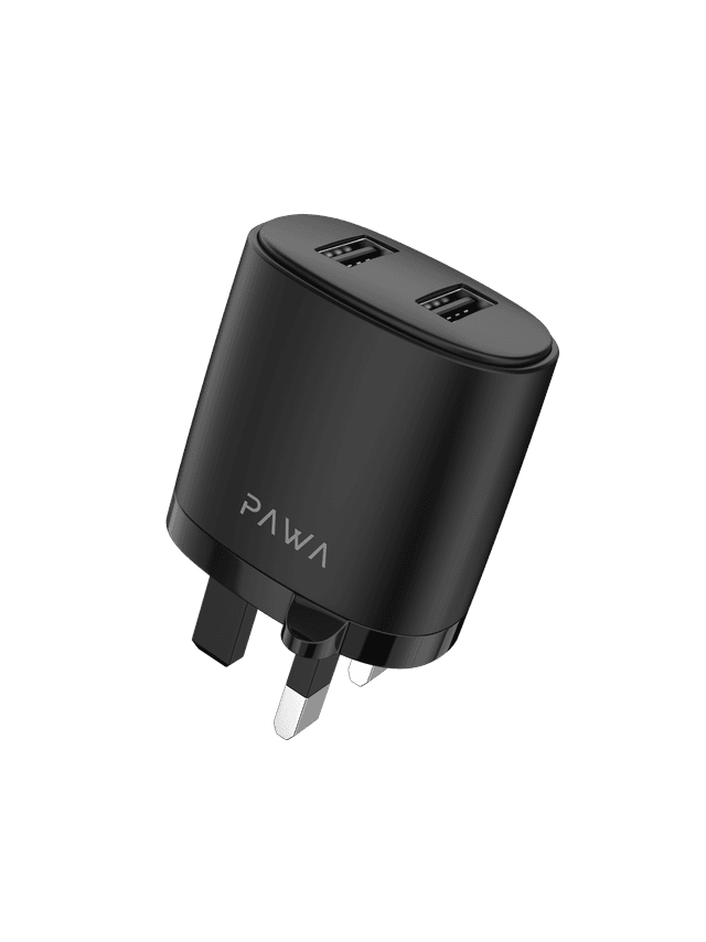 Pawa Dual USB Port Auto-ID Wall Charger 2.4A UK with Type-C Cable - Black - SW1hZ2U6NTI1NzQy