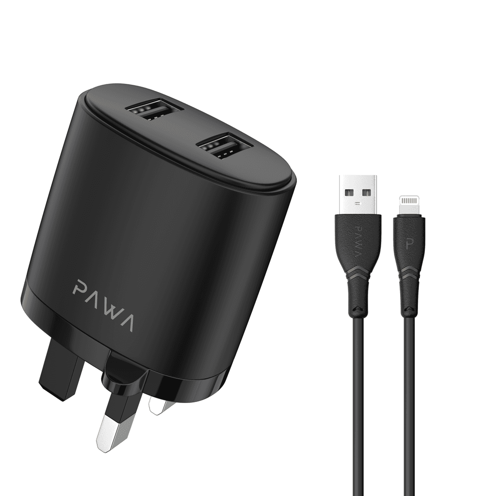 Pawa Dual USB Port Auto-ID Wall Charger 2.4A UK with Lightning Cable - Black