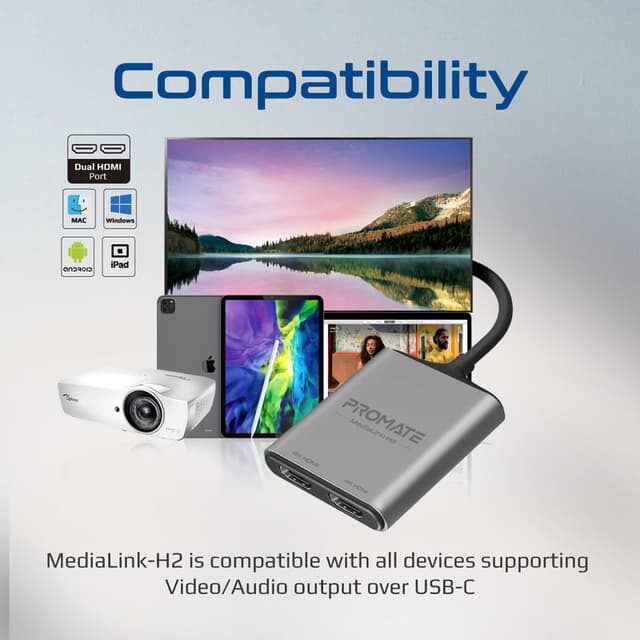 promate 4K High Definition USB-C to Dual HDMI Adapter