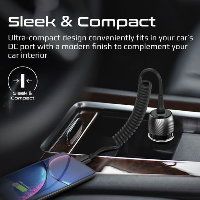 promate 33W Quick Charging Car Charger with USB-C Cable