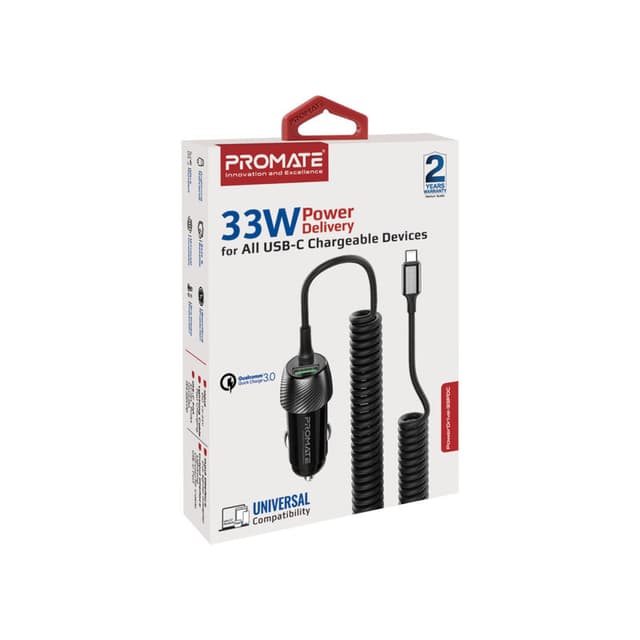 promate 33W Quick Charging Car Charger with USB-C Cable