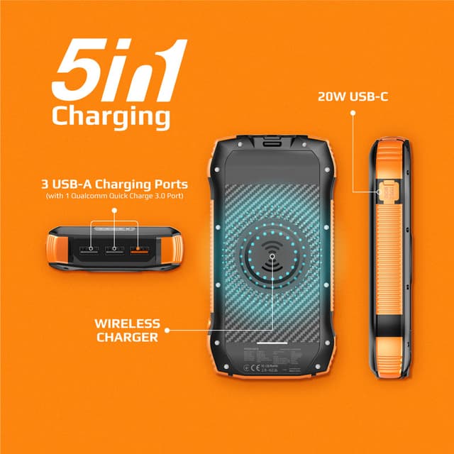 بور بانك شاحن متنقل لاسلكي 20000 مللي أمبير يدعم الشحن بالطاقة الشمسية Promate Rugged EcoLight Solar Power Bank