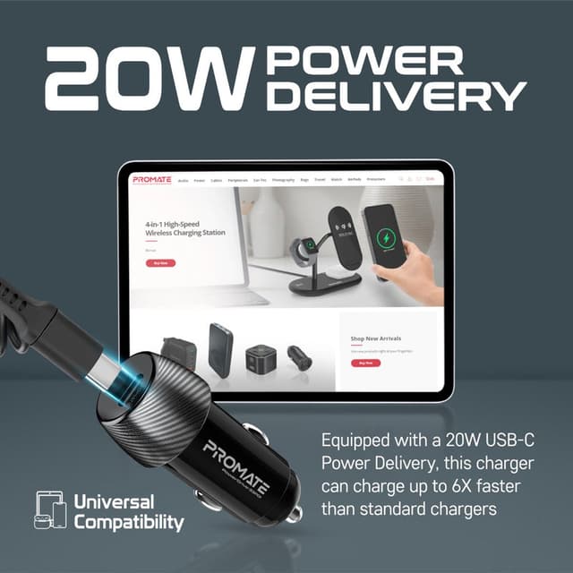شاحن موبايل للسيارة 33 واط  PROMATE Quick Charging Car Charger with Lightning Connector Cable