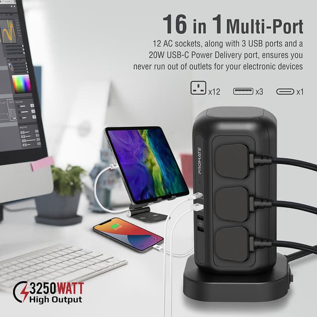 محول كهرباء للمنزل 16 في 1 PROMATE Multi-Socket Surge Protected Power Tower