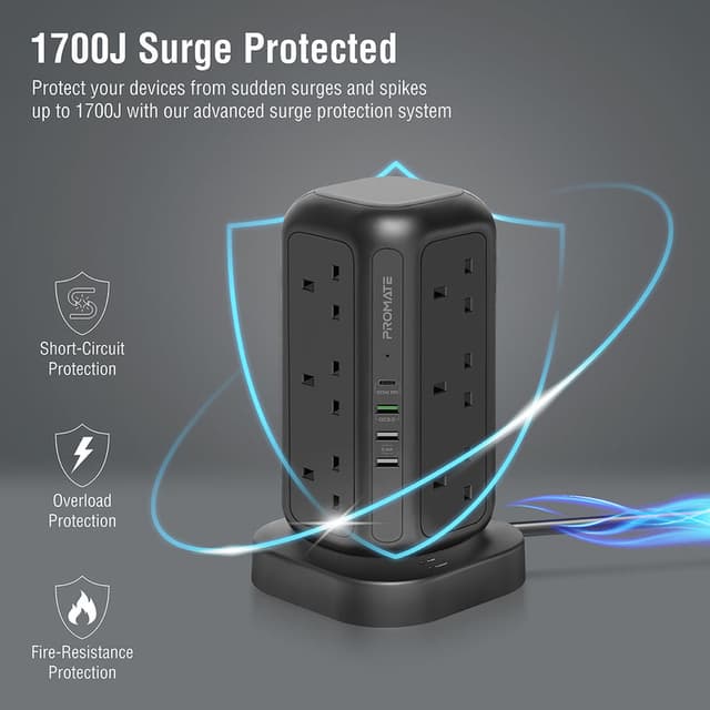 محول كهرباء للمنزل 16 في 1 PROMATE Multi-Socket Surge Protected Power Tower