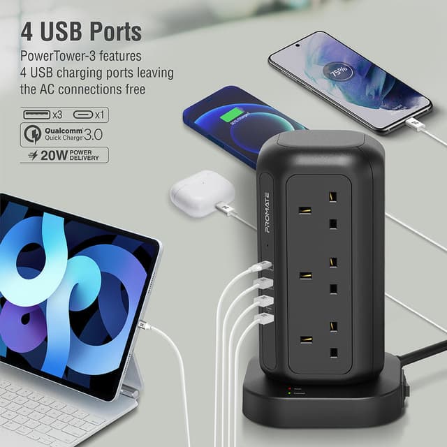 محول كهرباء للمنزل 16 في 1 PROMATE Multi-Socket Surge Protected Power Tower