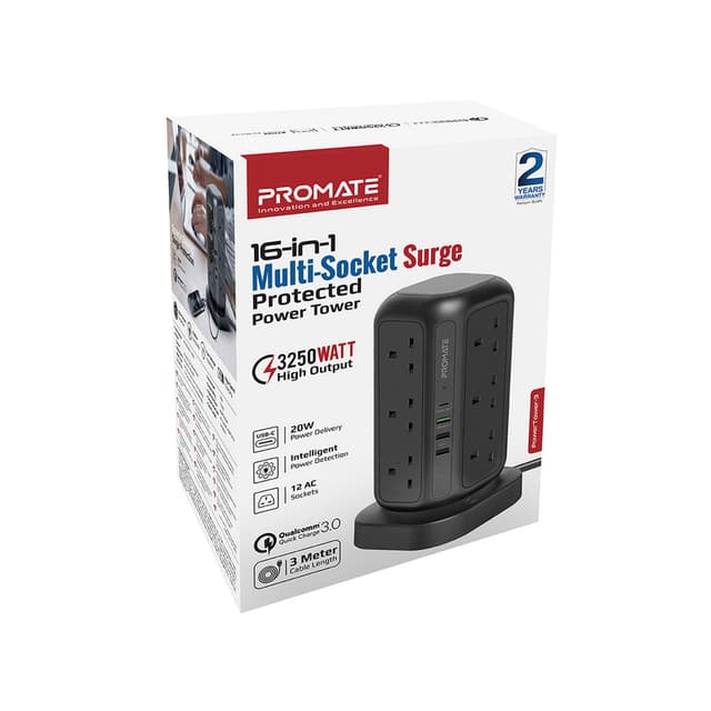 محول كهرباء للمنزل 16 في 1 PROMATE Multi-Socket Surge Protected Power Tower