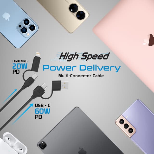 كيبل شحن متعدد الرؤوس فائق السرعة 60 واط  PROMATE High-Speed Multi-Connector Cable