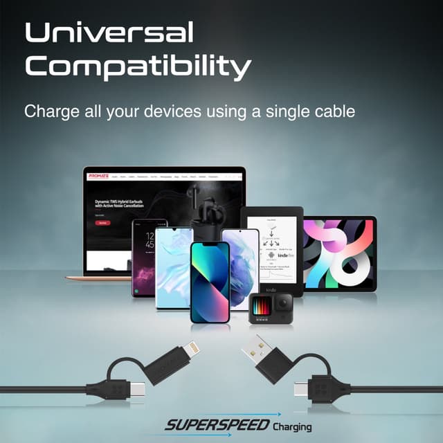 كيبل شحن متعدد الرؤوس فائق السرعة 60 واط  PROMATE High-Speed Multi-Connector Cable
