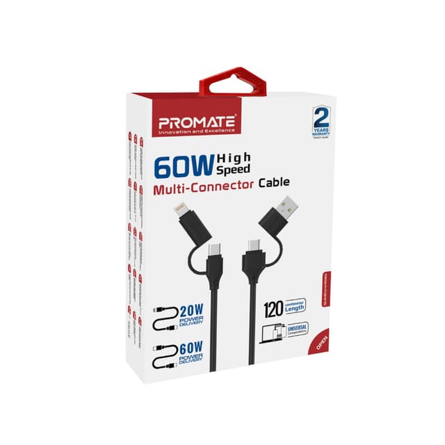 كيبل شحن متعدد الرؤوس فائق السرعة 60 واط  PROMATE High-Speed Multi-Connector Cable