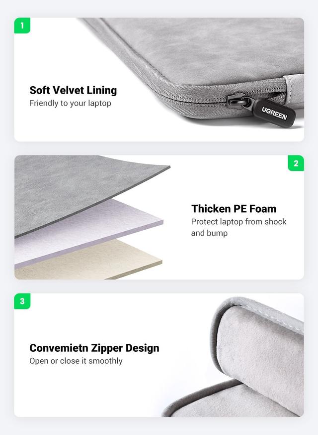 UGREEN Laptop Sleeve 13.3 Inch Compatible with MacBook Air 13 2021 2020 2019 PU Leather Case Water-Resistant Soft Padded Zipper Protective Briefcase-Gray
